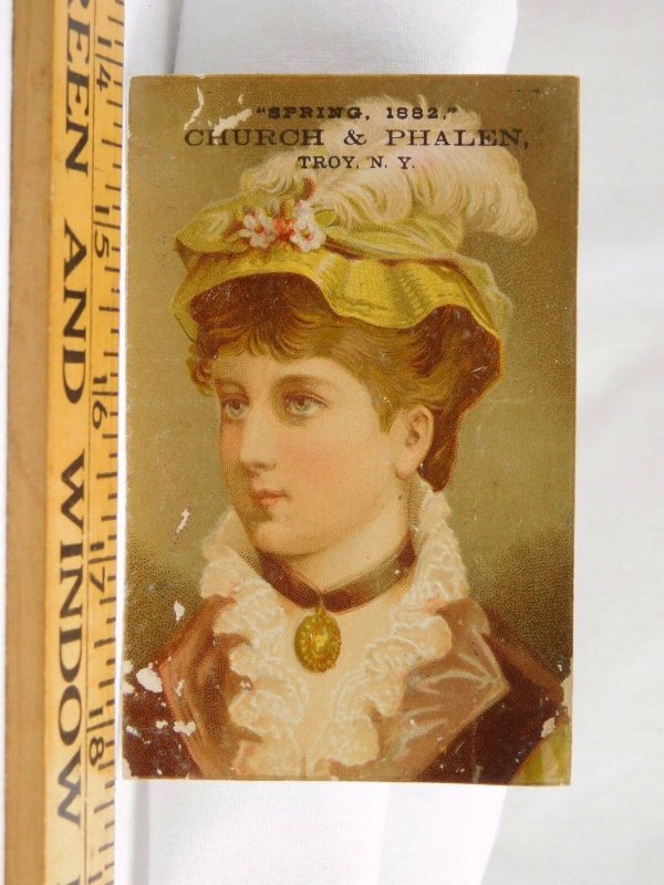 Victorian Trade Card Spring 1882 Church & Phalen Beautiful Lady Feather F38