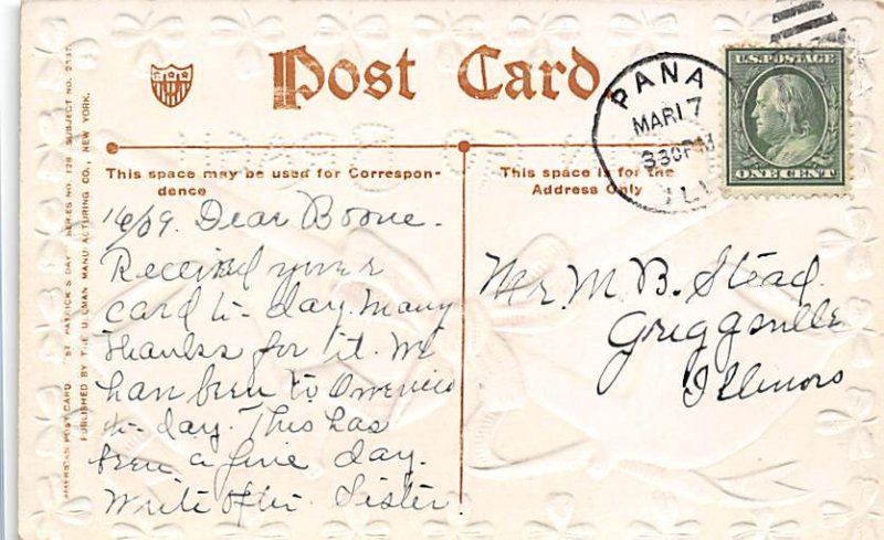 Erin Go Bragh St. Patrick's Day postal used unknown 