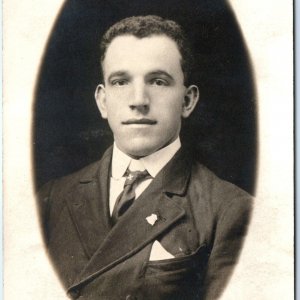 c1910s Handsome Young Man RPPC Close Up Headshot Real Photo Oval Border A159