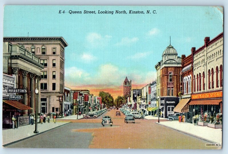 c1940 Kinston North Carolina NC Vintage Postcard Queen Street Looking North Road