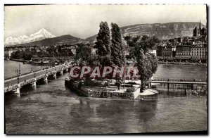 Postcard Modern Ile Rousseau Geneva and Mont Blanc