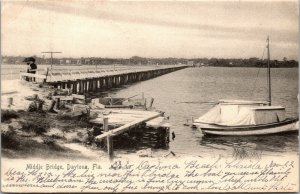 Vtg Daytona Florida FL Old Middle Bridge Over Halifax River Boat 1906 Postcard