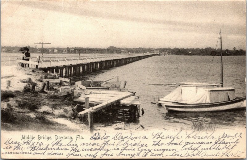 Vtg Daytona Florida FL Old Middle Bridge Over Halifax River Boat 1906 Postcard