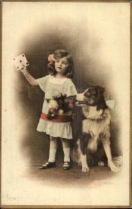 Little Girl & Australian Shepherd Dog c1915 Postcard