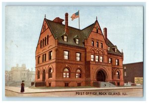 c1910's Post Office American Flag Rock Island Illinois IL Antique Postcard 