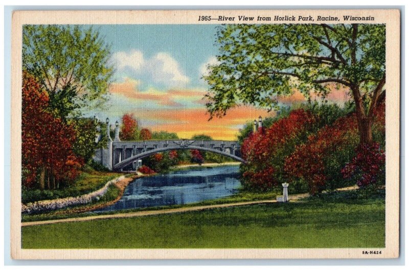 c1930's River Bridge View From Horlick Park Racine Wisconsin WI Vintage Postcard