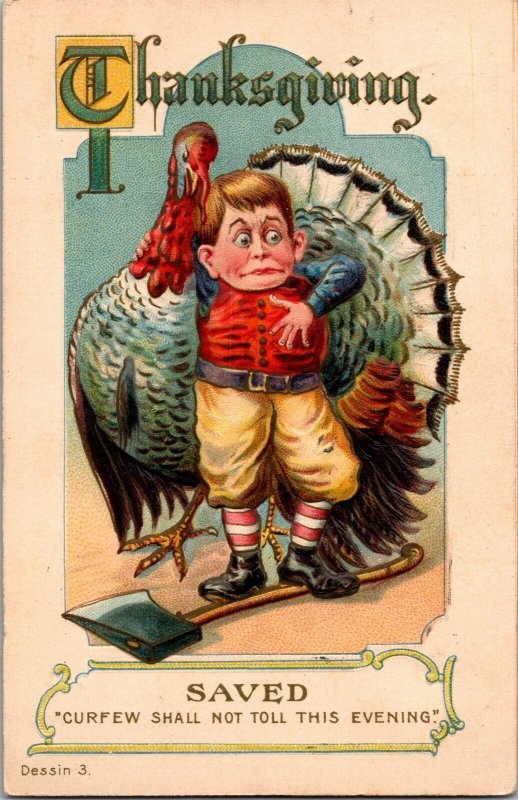 Thanksgiving, Embossed, Boy Saves Turkey with Foot on Ax c1911 Postcard P60