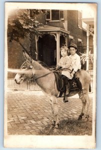 c1910's Postcard RPPC Photo Childrens Riding Donkey Antique Unposted