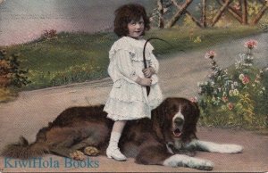 Postcard Little Girl Sitting on Saint Bernard Dog