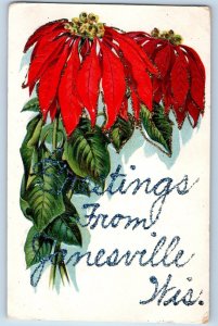 Janesville Wisconsin WI Postcard Greetings Flowers Leaves Glitter 1910 Vintage