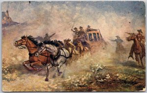 1918 Holdup Of Overland Coach Signed Hand Colored Painting Posted Postcard