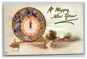 Vintage 1908 Tuck's New Year Postcard Clock at Midnight Purple Flowers Gold Pig