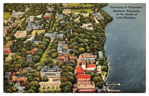 Vintage Aerial University of Wisconsin, On Lake Mendota, Madison, WI Postcard