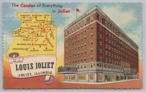 Joliet Illinois~Hotel Louis Joliet~Highway Map: Center of Everything~1951 Linen