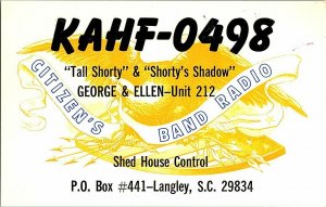 QSL Radio Card From Langley S. C. South Carolina KAHF-0498 