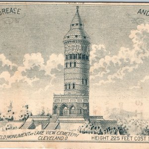 c1880s Garfield Monument Plan Mica Axle Grease Trade Card Cedar Rapids, Iowa C26