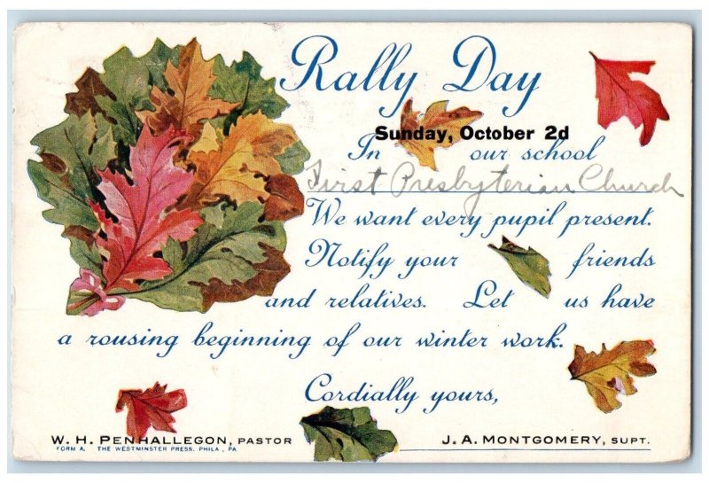 1910 Rally Day School Sunday First Presbyterian Church Decatur IL Postcard