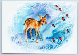 FAWN and BULLFINCH in Snow Winter Forest Animal New Unposted Postcard