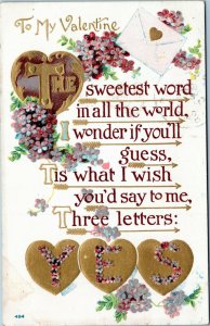 The sweetest word in all the world…three letters: YES - Valentine postcard