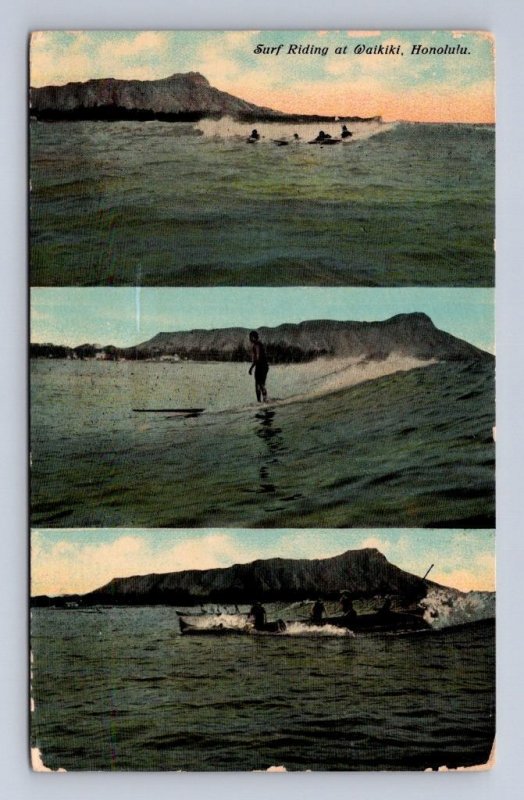 SURFING SURF RIDING AT WAIKIKI HAWAIIAN ISLANDS HAWAII POSTCARD (c. 1910) &&&