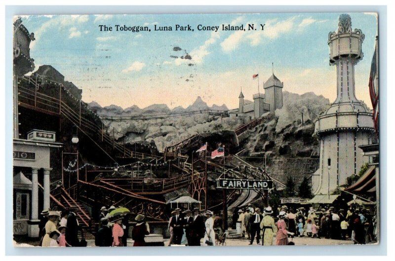 1914 The Toboggan Luna Park Fairyland Coney Island New York NY Antique Postcard