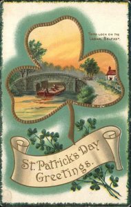 St Patrick's Day Belfast Ireland Clover Border c1910 Vintage Postcard