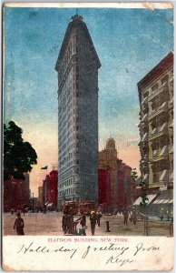 VINTAGE POSTCARD THE FLATIRON BUILDING & STREET SCENE NEW YORK CITY POSTED 1906