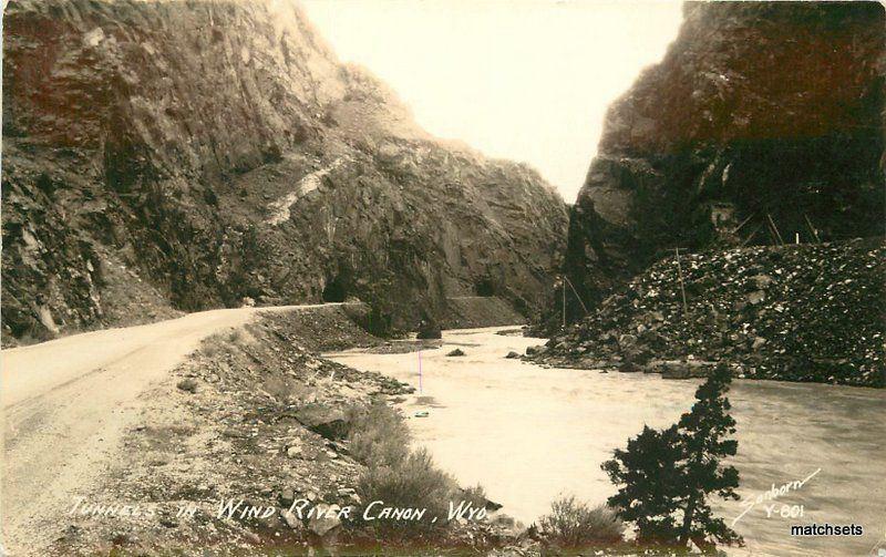 1930s River Canyon Wyoming Tunnels in Wind Sanborn RPPC real photo postcard 8445