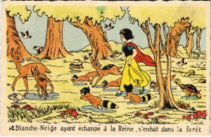 PC CPA DISNEY, SNOW WHITE IN THE FOREST WITH ANIMALS, VINTAGE POSTCARD (b15139)