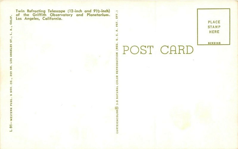 Los Angeles California 1960s Postcard Refracting Telescope Griffith Observatory