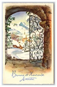 Winter Landscape Through Doorway Bonne Annee New Year Postcard U22