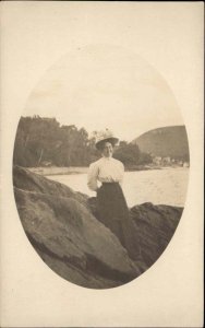 Woman at Rocks Lake Naskeag to Camden Maine Cancels Real Photo Postcard