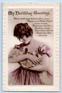 Birthday Postcard RPPC Photo Greeting Pretty Woman With Cat Kitten 1927 Vintage