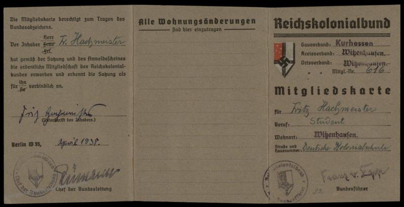 3rd Reich Germany Reichskolonialbund Member ID Colonies Revenues Dues Book 78698