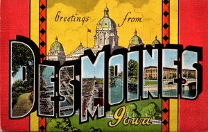 Iowa Greetings From Des Moines Large Letter Linen