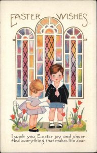 Easter Cute Children Stained Glass Church Vintage Postcard