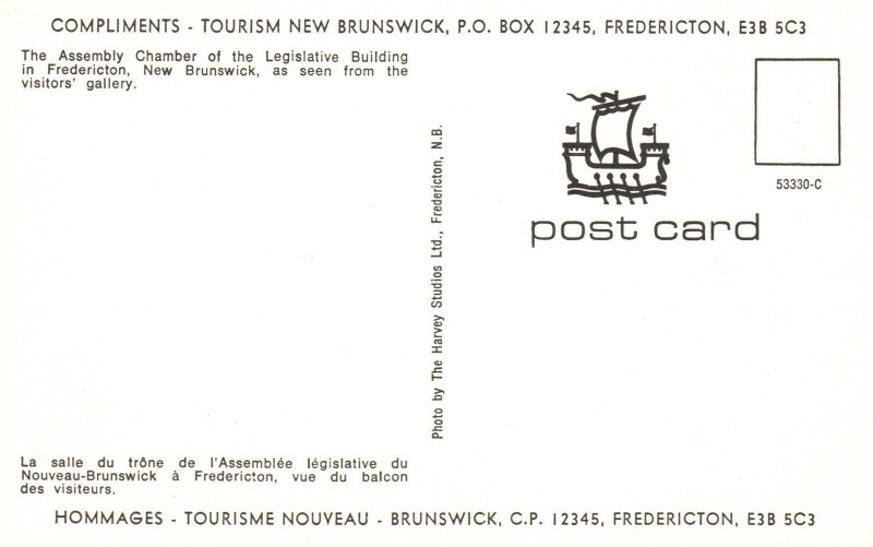 Vintage Postcard Assembly Chamber Legislative Bldg. Fredericton New Brunswick Ca