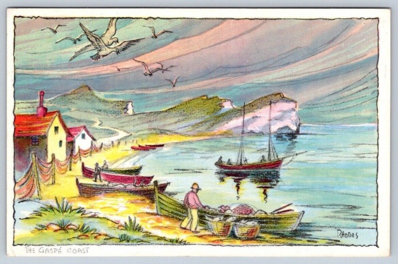 The Gaspe Coast, Quebec, Canada, Art Postcard Signed Rhodes