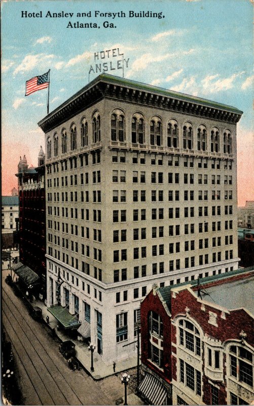 Vtg 1910s Hotel Ansley and Forsyth Building Storefronts Old Cars Postcard