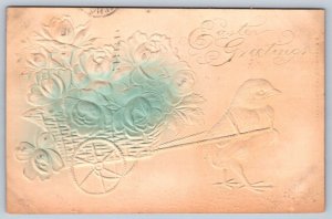 Easter Greetings, Chick Pulling Flower Cart, 1908 Embossed Airbrushed Postcard