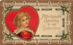 G30/ Valentine's Day Love Holiday Postcard c1910 Pretty Girl Heart Lace 3