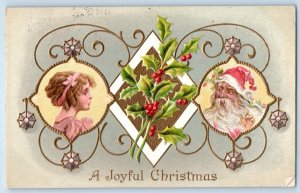 1910 Christmas Santa Claus Child Girl Holly Berries Embossed Hugo MN Postcard