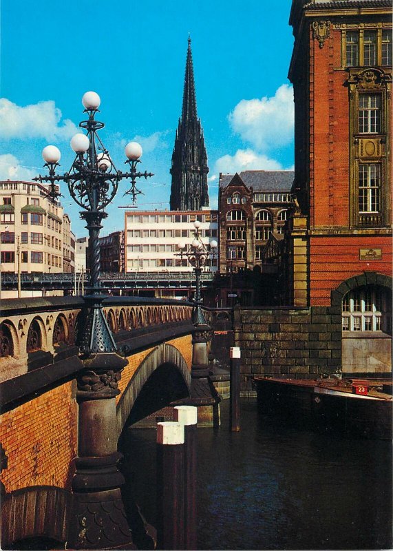 Postcard Germany Hamburg bridge river boat architecture tower church city