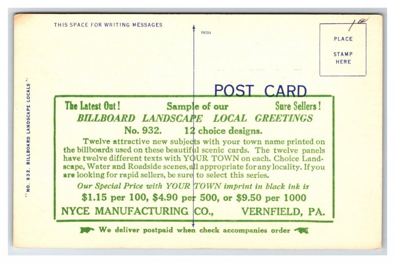 Generic Scenic Greetings Vernfield PA Dealer Sample UNP LInen Postcard M20