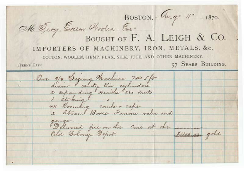 1870 Billhead, F. A. LEIGH & CO., Importers of Machinery, Boston, Massachusetts