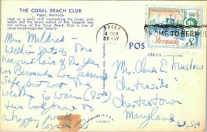 Coral Beach Club Paget Bermuda Sargasso Sea VTG Postcard PM Cancel WOB Note 