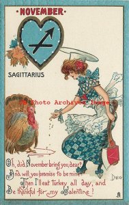 Valentine Day, Tuck Zodiac No 128-11, Signed Dwig, November Turkey Sagittarius