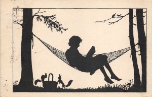 Lot170 carus postcard artist signed silhouette germany boy in a hammock