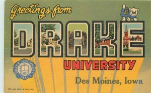 Des Moines Iowa Drake University Big Letters Postcard Teich linen 21-8763