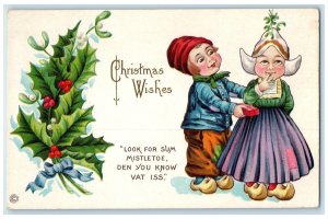 c1910's Christmas Dutch Kid Holly Berries Embossed Posted Antique Postcard